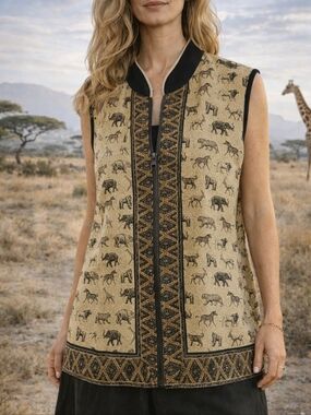 Stonebridge Womens L Safari Animal Print Linen Blend Zip Vest Elephants Zebra